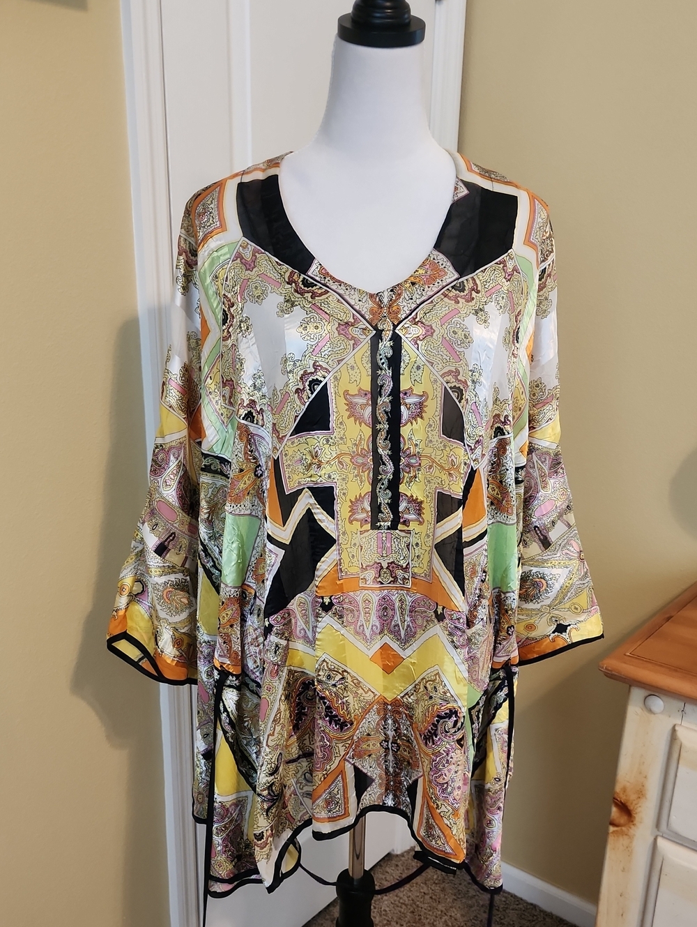 Diamond Tea Vintage Yellow Multi Paisley Satin Tunic with Black Trim